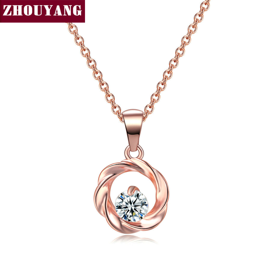 Necklace For Women Classic Simple Style Flower Shape Cubic Zirconia Rose Gold Color Pendant Jewelry Christmas Gift N249