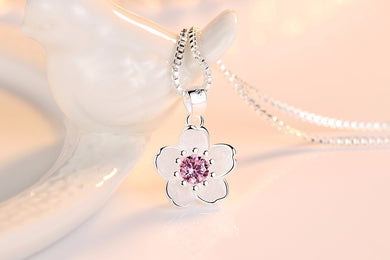 Cherry Blossom Peach Flower Pendants & Necklaces Pink Purple Cubic Zirconia Necklace Women Luxury Brand Trendy Jewelry