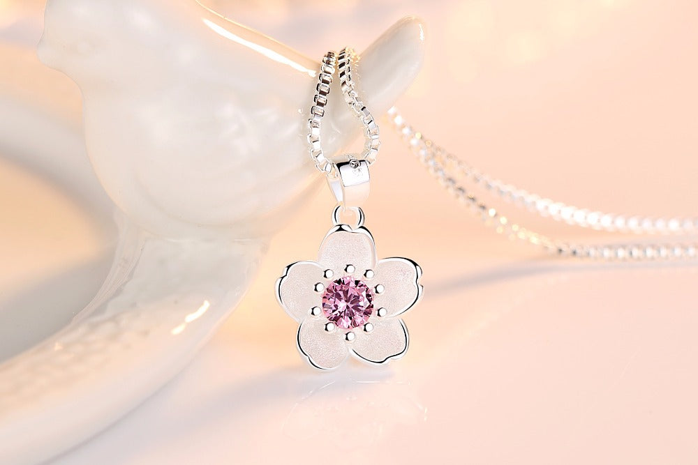 Cherry Blossom Peach Flower Pendants & Necklaces Pink Purple Cubic Zirconia Necklace Women Luxury Brand Trendy Jewelry