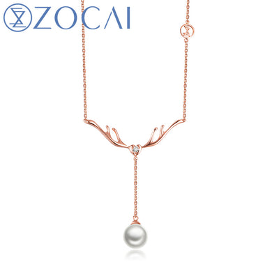 Choker The Christmas Reindeer Real 18K Rose Gold Real 0.03 CT Diamond White Pearl Necklace JBC00022