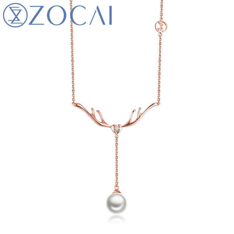 Choker The Christmas Reindeer Real 18K Rose Gold Real 0.03 CT Diamond White Pearl Necklace JBC00022