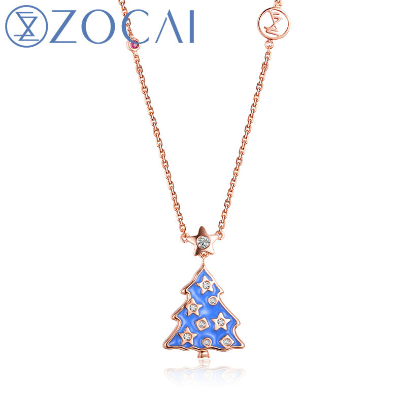 Design Choker The Christmas Wishing Tree Real 18K Rose Gold Real 0.01 CT Ruby and 0.06 CT Diamond Necklace JBD90150T