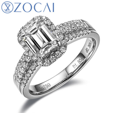 HALO VINTAGE SIDESTONE 1.4 CT NATURAL I-J / SI EMERALD CUT PAVE 18K WHITE GOLD DIAMOND RING W03753