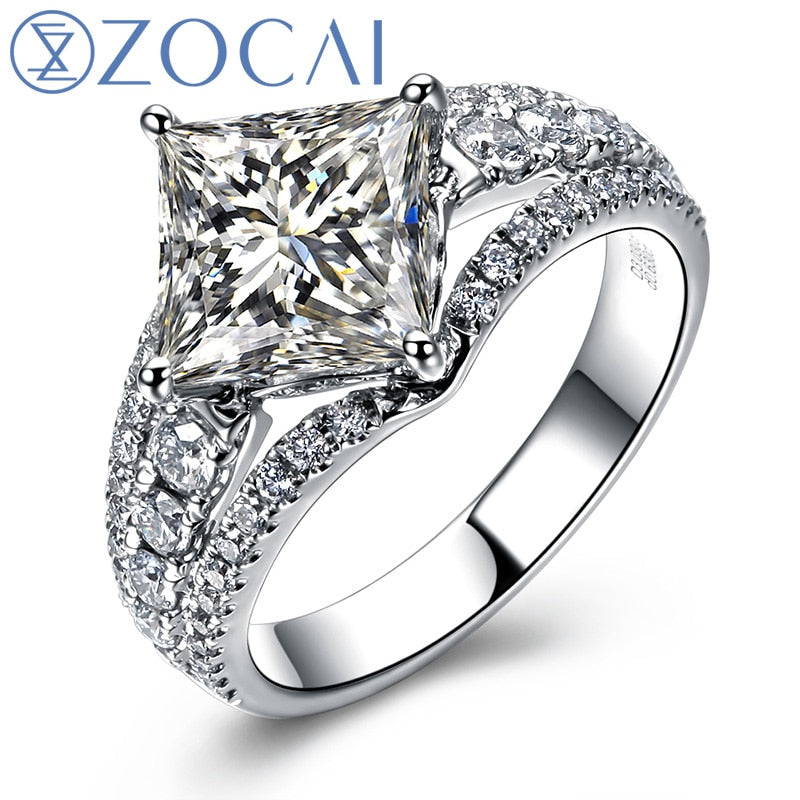 Side Stone Split Shank Real 1.6 CT Natural F-G / VS Princess Cut Diamond Engagement Ring 18K White Gold W03761
