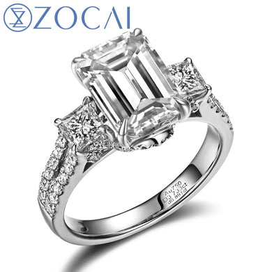 TRIO EMERALD CUT PAVE 2 CT NATURAL H / SI EMERALD CUT 18 K WHITE GOLD DIAMOND ENGAGEMENT RING W03757