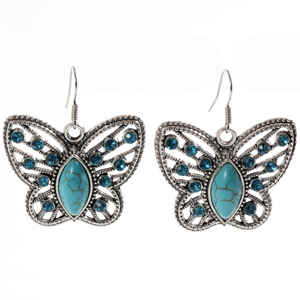 2017 Charms butterfly tibetan silver earring Blue Stone crystal jewelry vintage earrings for women jewelry big discount