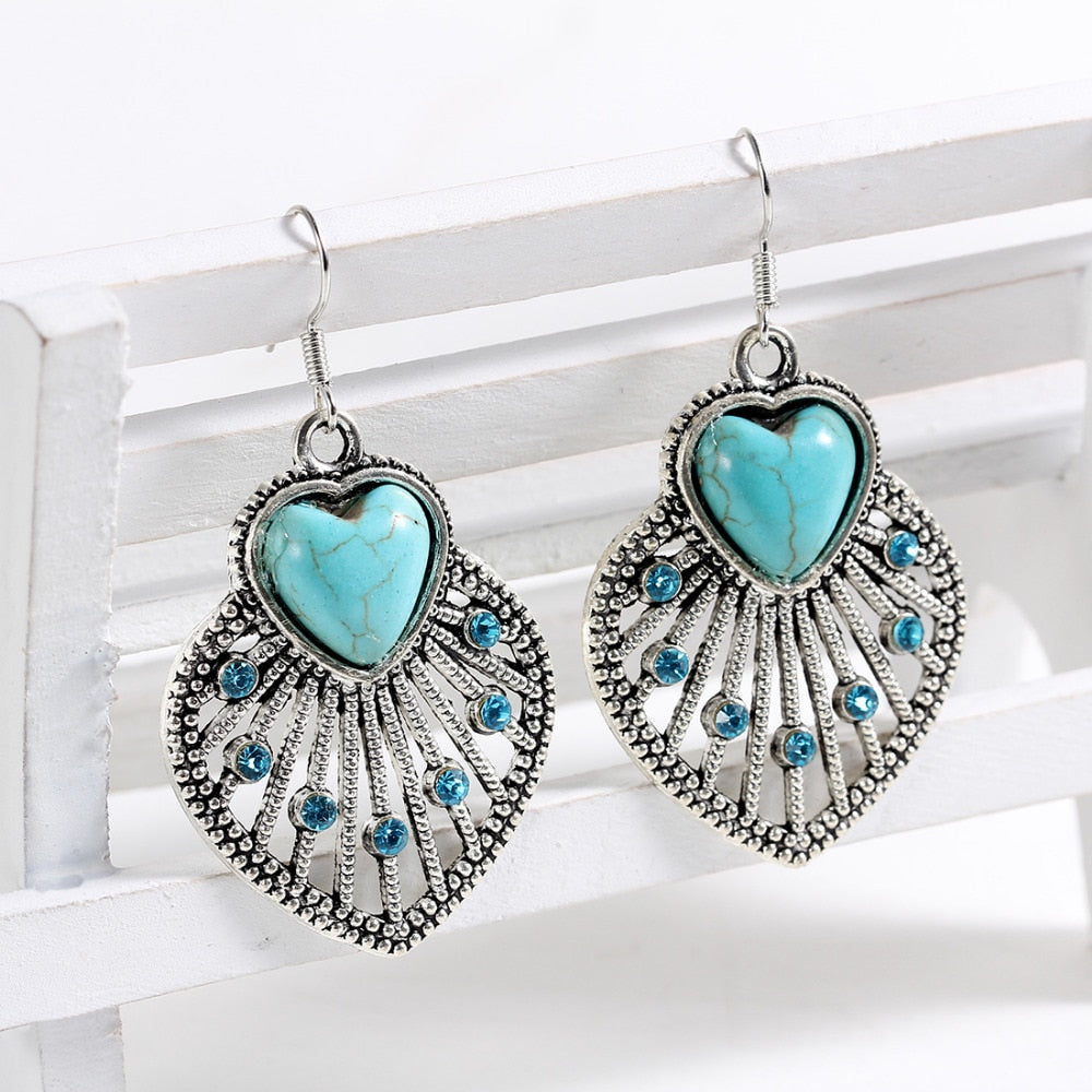 Brand Earrings India Jewelry Tibetant Silver Blue Stone Earrings ethic Heart drop earrings brincos vintage