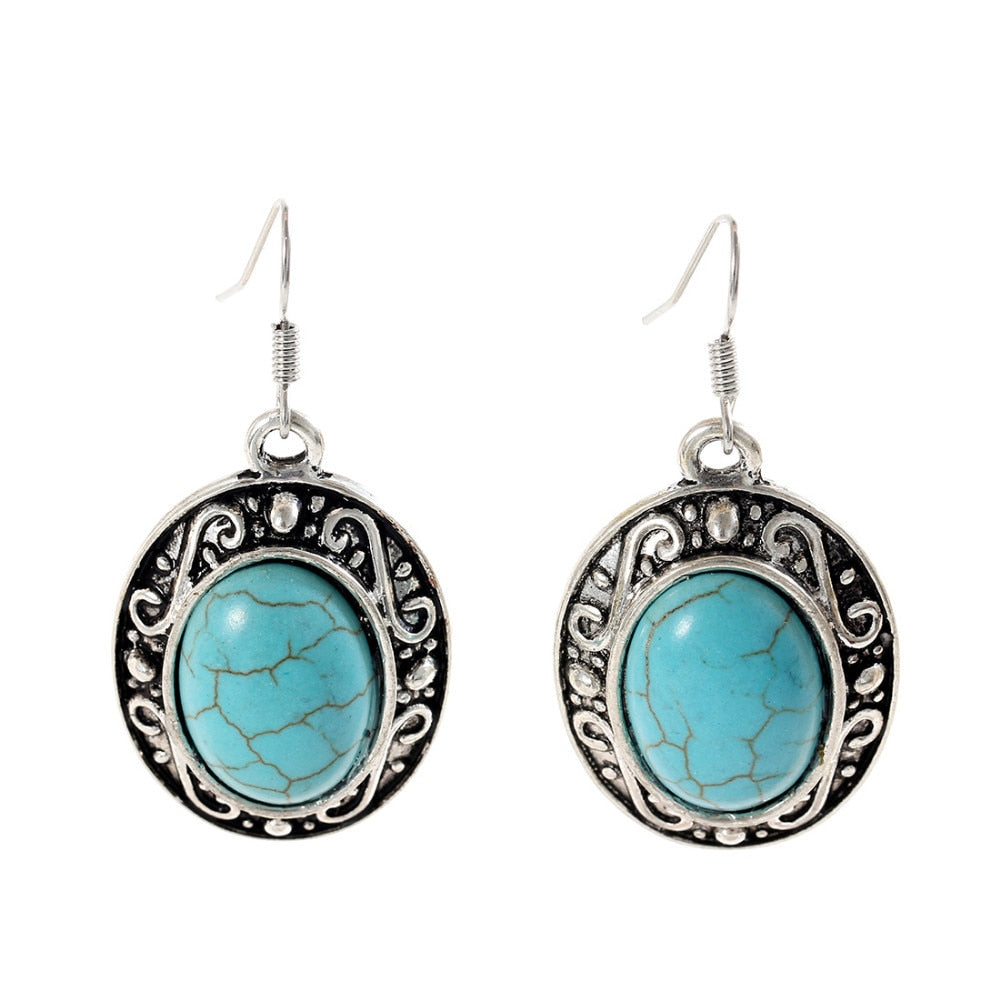 Charming flower tibetan silver earring Blue Stone crystal jewelry Vintage Earrings For Women Dangle Jewelry Wholesale