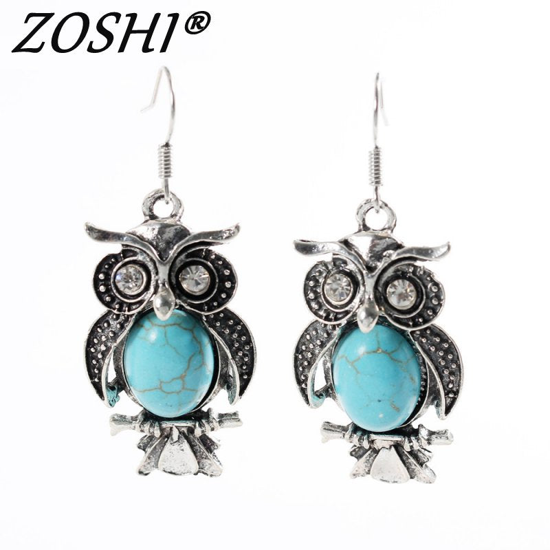 Crystal Tibetan Silver Blue Stone Earring Owl Drop Dangle Earrings Gift for Women Jewelry Big discount jewelry