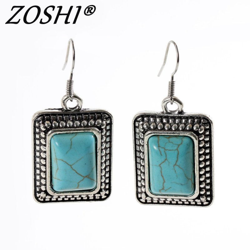Ethnic Wholesale Square Pendant Jewelry Earrings Female Blue Stone Tibetan Silver High Quality Earrings for Women