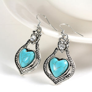 New Fashion Luxury Tibetant Silver Vintage Heart Crystal Blue Stone drop earrings jewelry for women wholesale