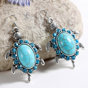 New Fashion Tibetant Silver Vintage Animals Turtle Crystal Beads Blue Natural Stone drop earrings for women jewelry