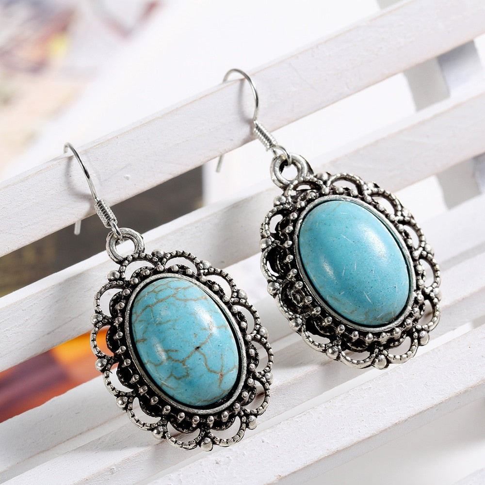 Vintage Brincos Charming Ethnic Tibetan Silver Oval SimulatedTurquoise Stone Drop Dangle Earrings Christmas Gift for Women