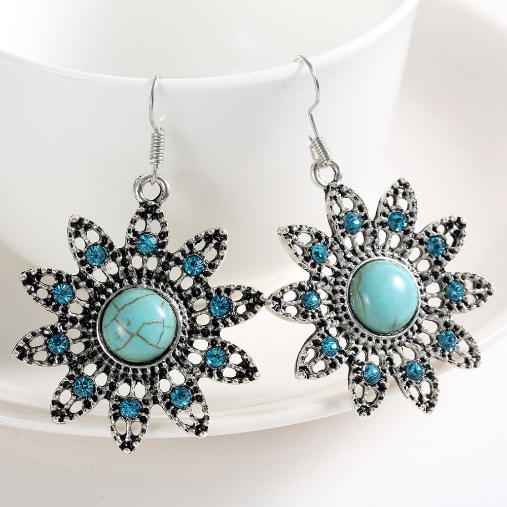 Vintage Flower Earrings Wholesale Ethnic Style Blue Crystal Stone Beads Tibetan Silver Charms Drop Earrings For Women Gift