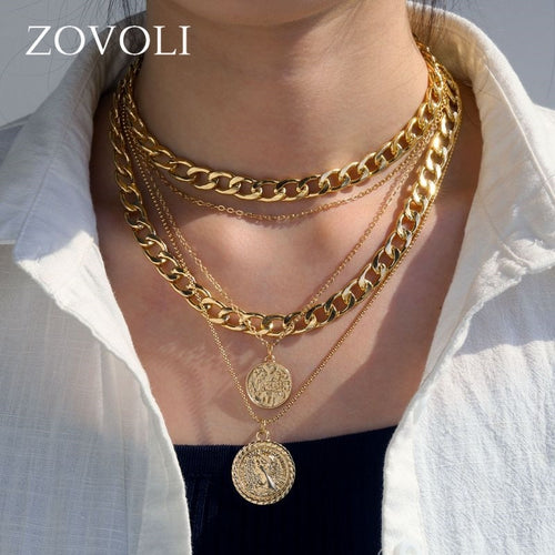 Punk Vintage Layered Portrait Coin Pendan Necklace Set Chunky Thick Cuban Link Chains Choker Necklaces For Women Jewlery