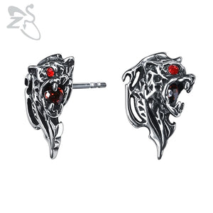 Vintage 316L Stainless Steel Stud Earrings for Men Women Red Stone Leopard Earring Punk Style Animal Jewelry Accessories