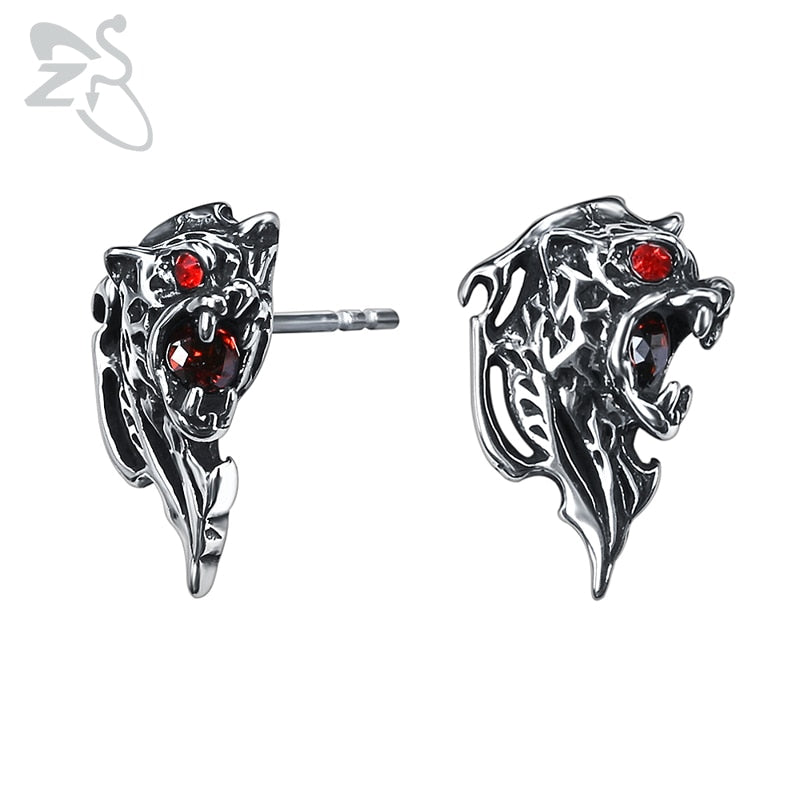 Vintage 316L Stainless Steel Stud Earrings for Men Women Red Stone Leopard Earring Punk Style Animal Jewelry Accessories