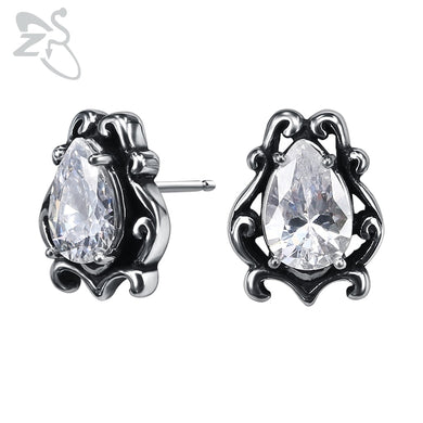 Water Drop Shape Cubic Zirconia Ear Stud Jewelry Punk Style Stainless Steel Earrings for Men Women Vintage Gothic Jewellry