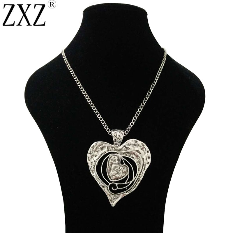 Large Antique Silver Abstract Metal Heart Pendant Long Curb Chain Lagenlook Necklace 34