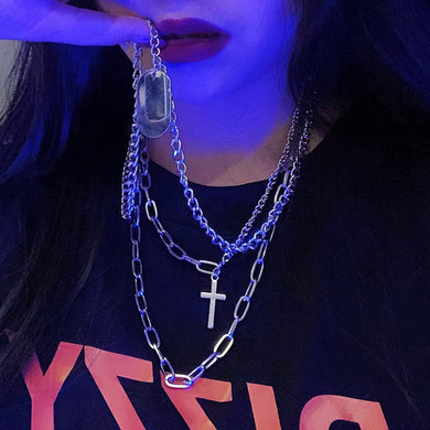 Multi-Layer Long Chain Necklace Punk Cross Pendant Necklace for Women Men Metal Chains Hip Hop Goth Jewelry Gifts