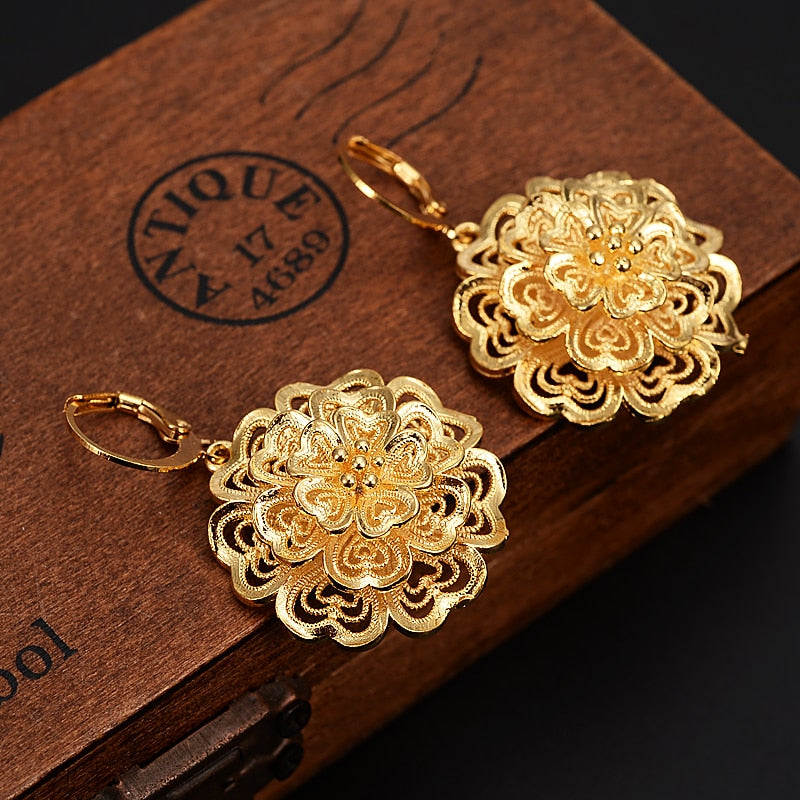 african Arab Dubai flower Earrings Gold Color Jewelry Ancient Coins Vintage Accessory for Women Girls kids party jewelry gift