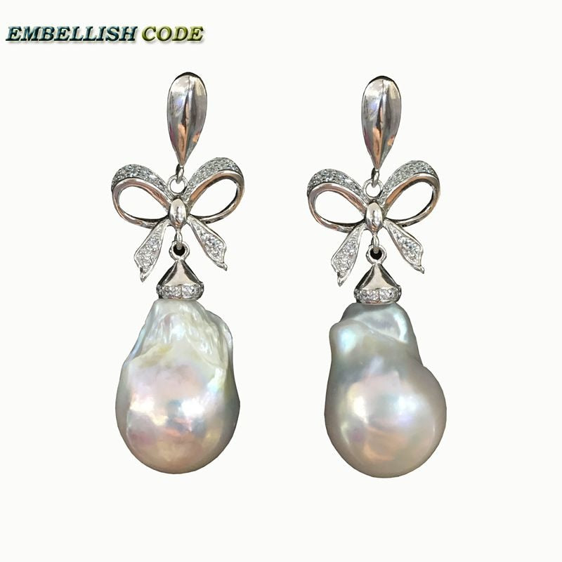 baroque pearls Bowknot style noble dangle earrings white color flame ball tissue nucleated pearl 925 silver for women