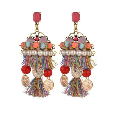 big star style Bohemia ethnic colorful rope tassel hyperbole fashion pearl crystal luxurious charm long big Stud Earring Women