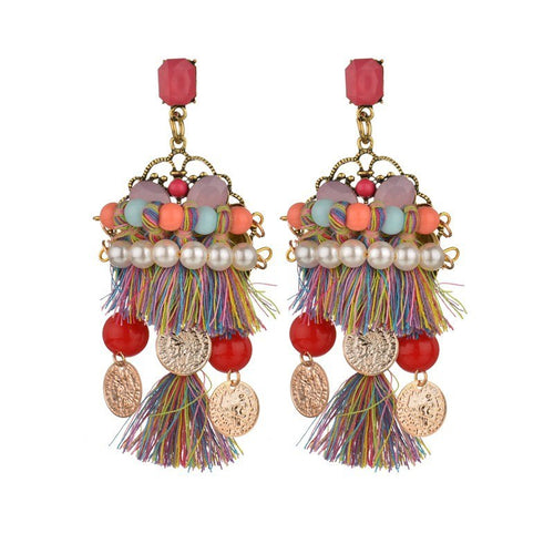 big star style Bohemia ethnic colorful rope tassel hyperbole fashion pearl crystal luxurious charm long big Stud Earring Women