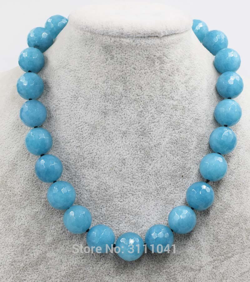 blue jade faceted round 14mm necklace 18inch wholesale beads nature woman 2017