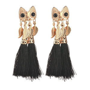 bohemia ethnic hyperbole tasssel gold color leaf black crystal eye Owl fashion charm long Stud Earring Women