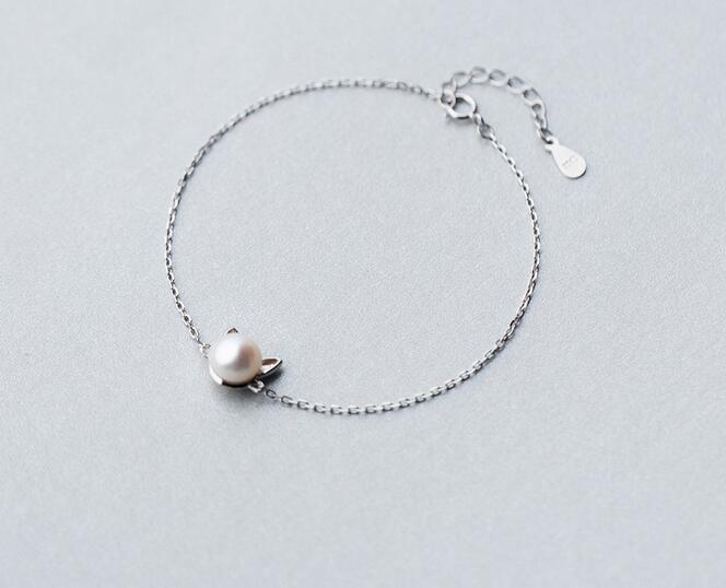 cUTE Real. 925 -Sterling -Silver-Jewelry cultured Pearl Cat chain bracelet Animal charm 925 sterling silver GTLS296