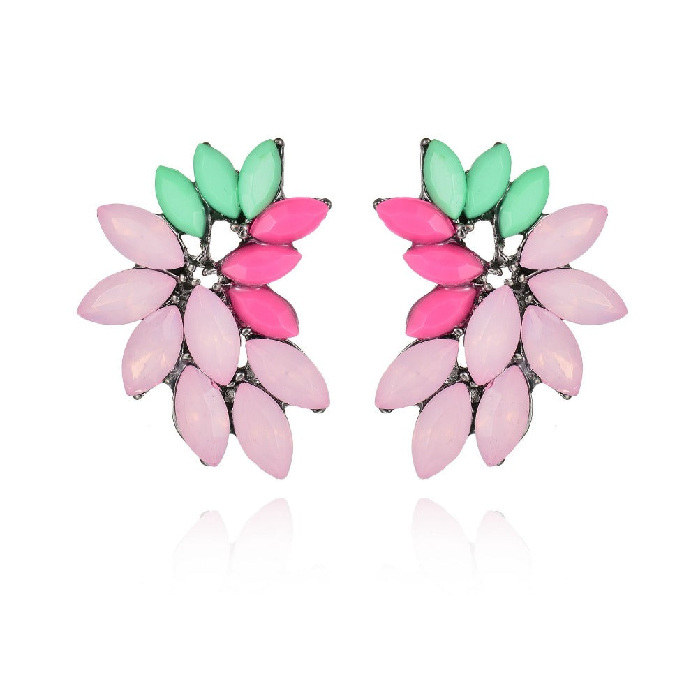 candy color stone street fashion hyperbole elegant women Leaf Feather crystal Stud Earring Women