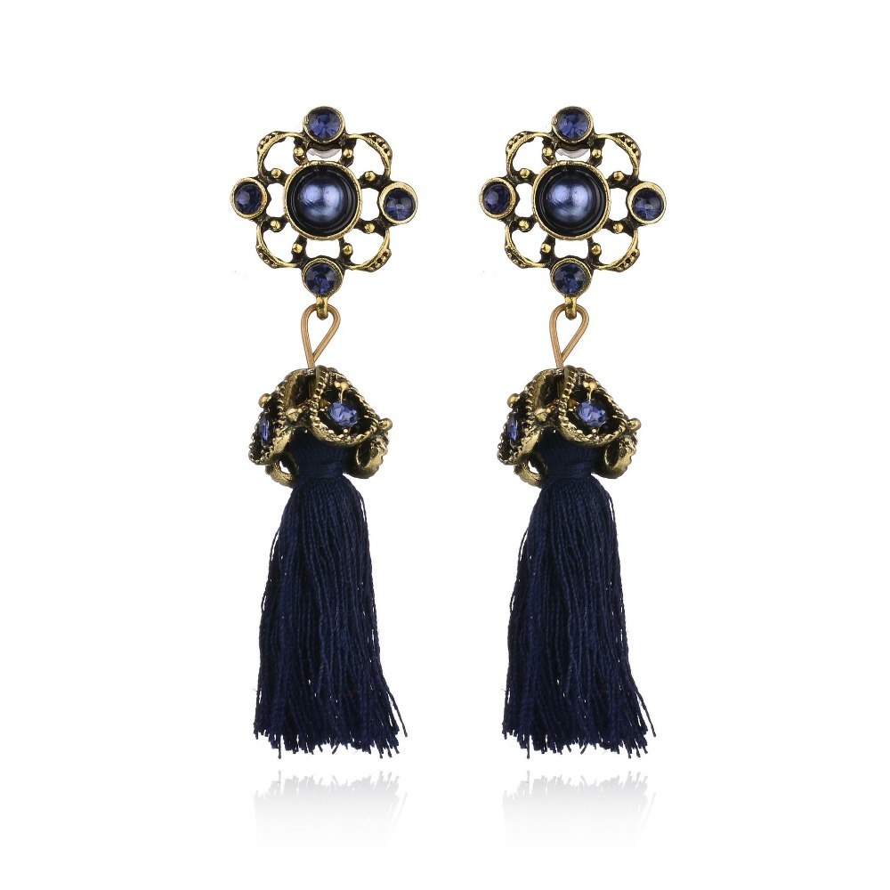 charming Blue pearl rhinestone tassel elements noble elegant temperament Tassel long Stud Earring Women