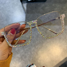 Carica l&#39;immagine nel visualizzatore di Gallery, Occhiali da sole con mezza montatura quadrata in cristallo da donna, lenti trasparenti, montatura con diamanti, sfumatura blu tè, eleganti occhiali femminili UV400 