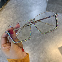 Carica l&#39;immagine nel visualizzatore di Gallery, Occhiali da sole con mezza montatura quadrata in cristallo da donna, lenti trasparenti, montatura con diamanti, sfumatura blu tè, eleganti occhiali femminili UV400 