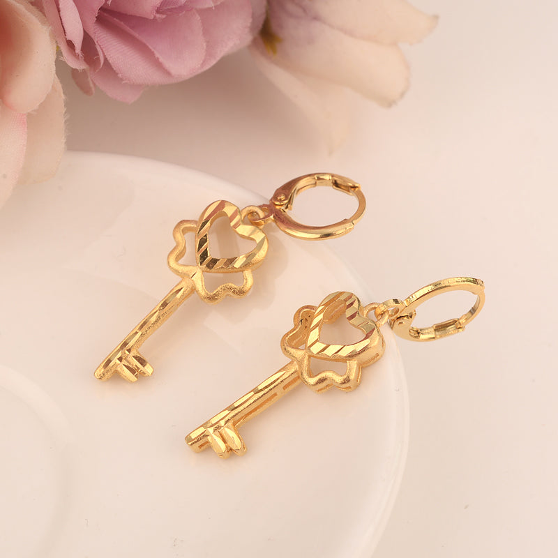 cute flower key Earrings Gold Color Africa Duba charms Jewelry Women girls wedding bridal party Earrings kids Christmas gifts
