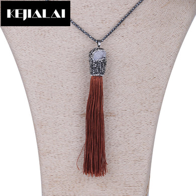 Fashion Bohemian Style Long Tassel Pendant for Necklace Making Jewelry Accessories Colorful Cotton Nature Stone Stud