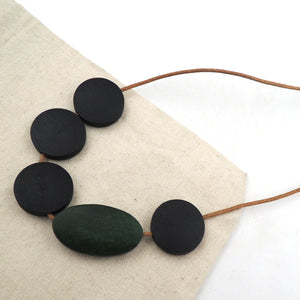 dark green black oval round bead necklace, wood beads statement necklace color block simple everyd minimalist NW069