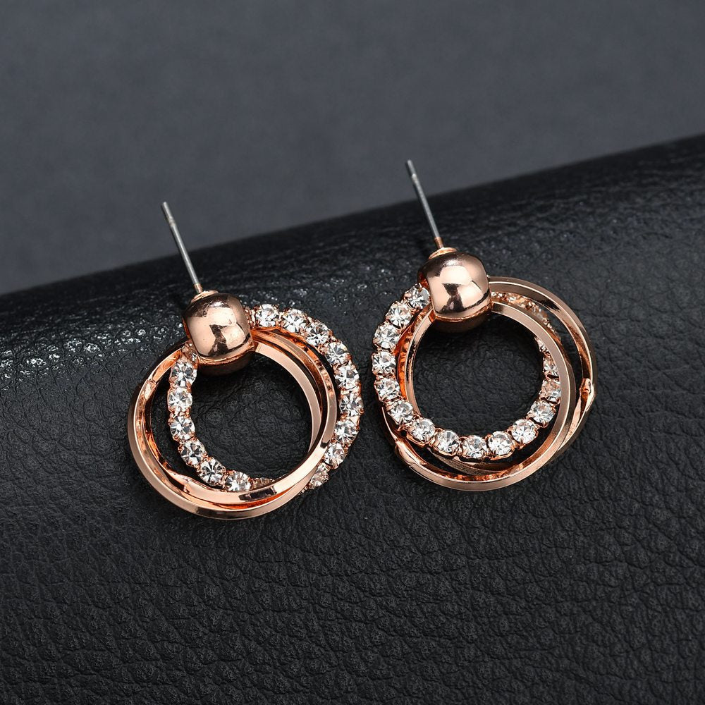 elegant girl light luxury shining rhinestone rose gold color multi-layers Round Circle sexy Stud Earring Women Jewelry