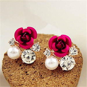 famous brand Crystal Pearls Simple ro palace cute female jewelry gold stud earrings Korean rose flowers girlfriend gift