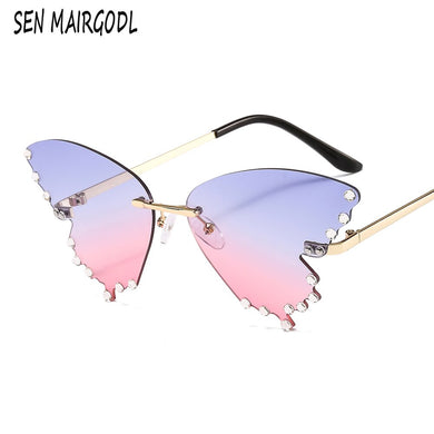 frameless butterfly elegant sunglasses women Diamond  Brand Design sun glasses Vintage Gradient pink Eyewear Oculo