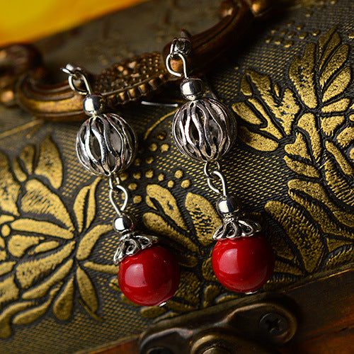 fashion red nature stones vintage earrings,Tibetan Silver plated ethnic earrings,Chinese wind metal dangle earrings
