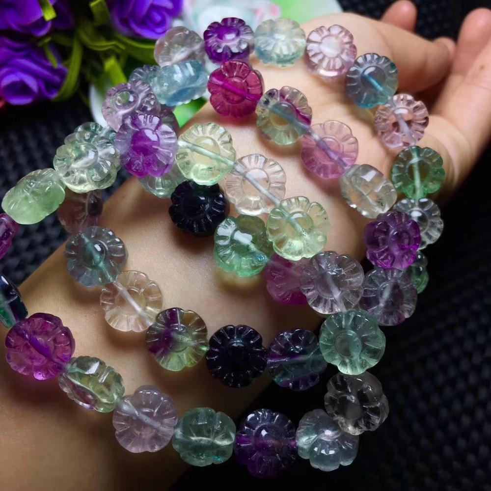 fluorite carved flower 12mm bracelet 7.5inch wholesale beads nature woman 2017