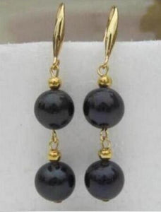free shipiing natural AAA+black 9-10mm pearl dangle earring 14K/20 yellow Gold hook