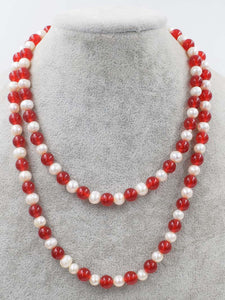 pearl and red jade round 8mm necklace 45inch wholesale nature beads gemstone