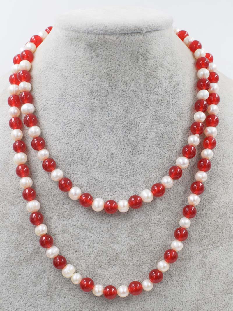 pearl and red jade round 8mm necklace 45inch wholesale nature beads gemstone