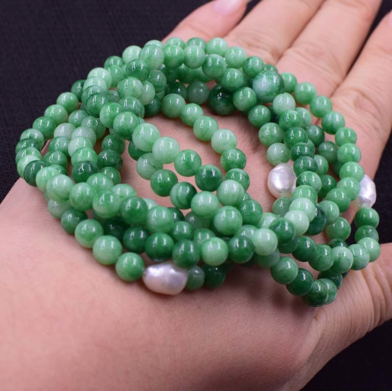 pearl white baroque 6mm +green jade round necklace 45inch wholesale beads nature