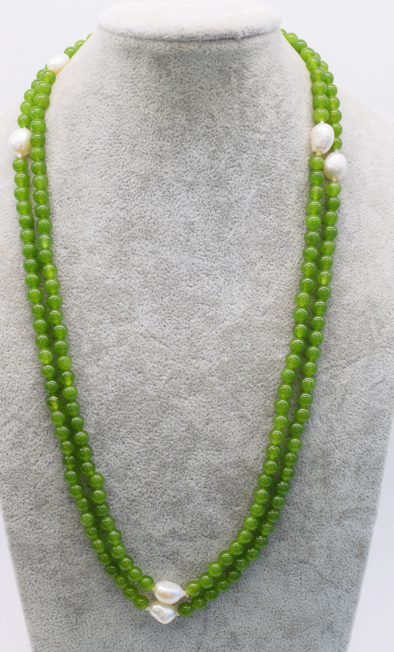 pearl white baroque 9-12mm +yellow green jade round 6mm necklace 45inch wholesale beads nature