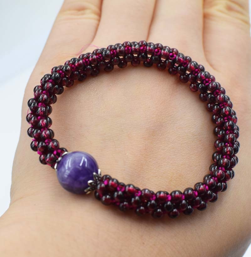 garnet round red and amethyst pink quartz bracelet 7.5inch wholesale beads nature handcraft
