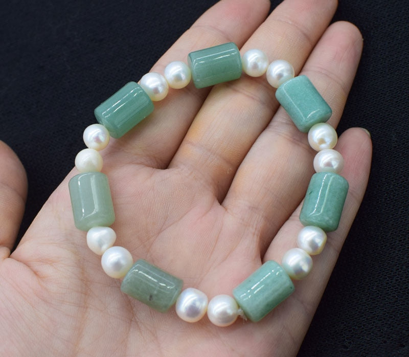 green jade pillar frershwater pearl near round 8-9mm bracelet 8inch wholesale beads nature gemstone